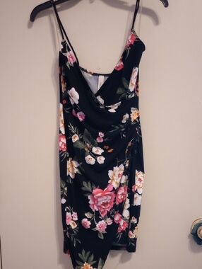 hello miss Black Floral Cowl Neck Mini Dress